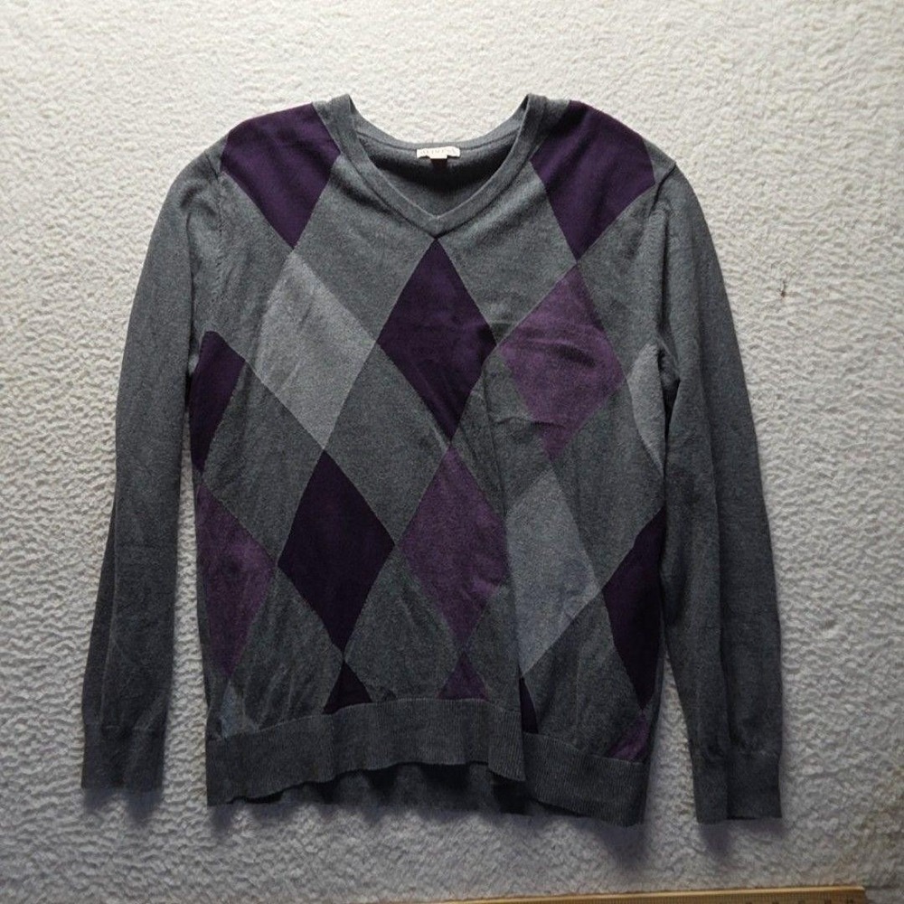 Merona Sweater Mens Large Gray Purple Argyle V Neck 100% Cotton Pullover